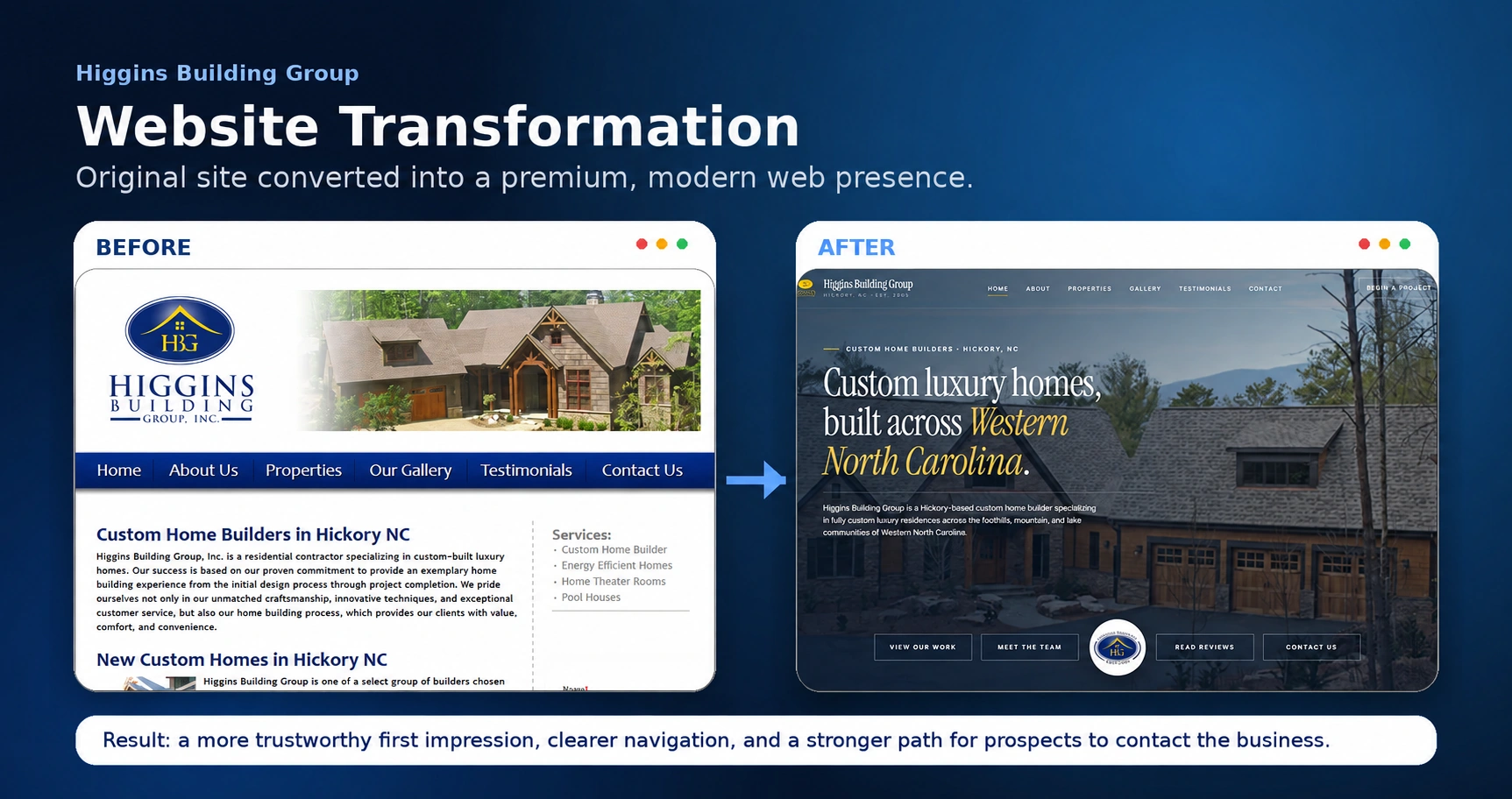 Higgins Building Group before and after website transformation