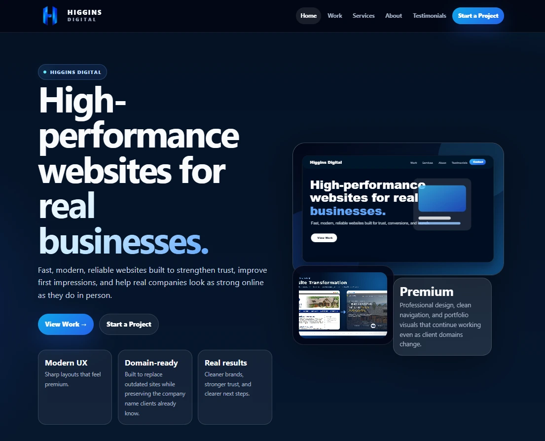 Higgins Digital website homepage preview